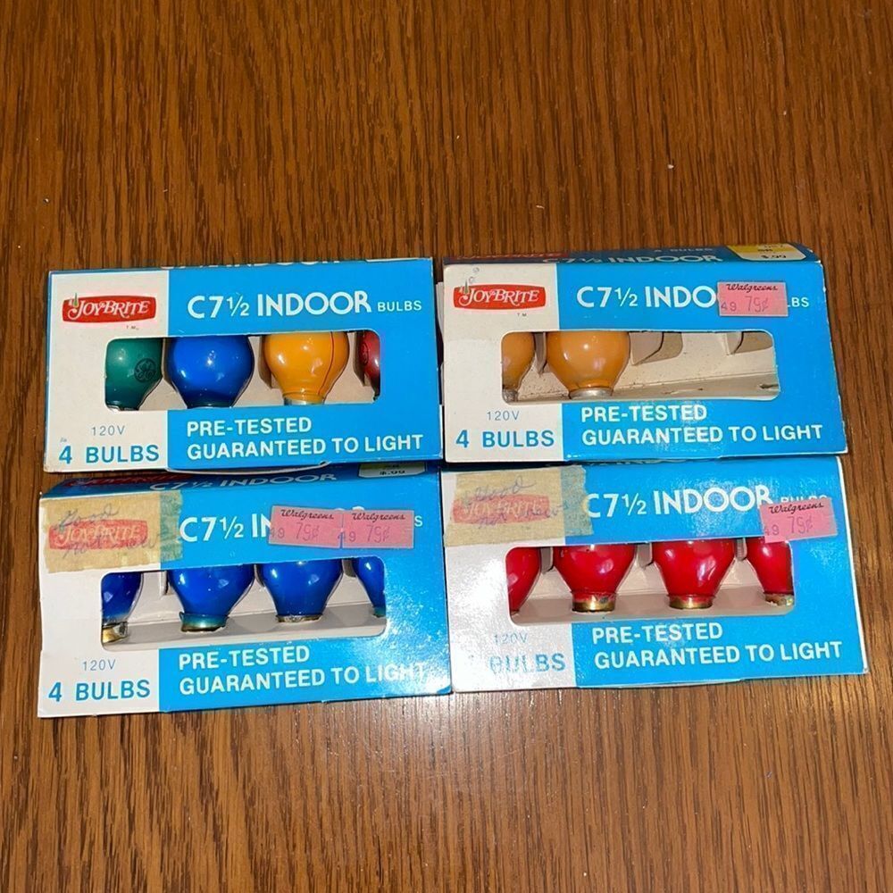 4 boxes of Vtg Joy Brite‎ C 7 1/2 indoor lamp bulbs in original packaging